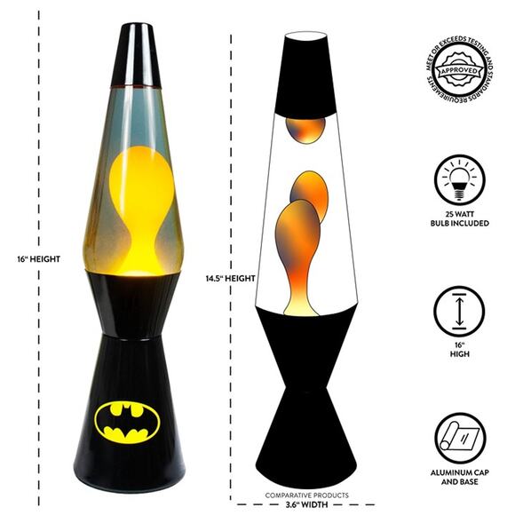 Batman 16" Lava Motion Volcano Lamp, Yellow Wax in Black Liquid - Picture 4 of 7
